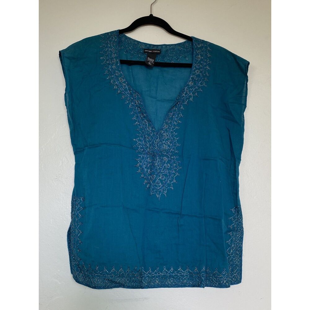 New York & Company Beaded V-Neck Tunic Blouse Teal Cotton Sleeveless Top Large